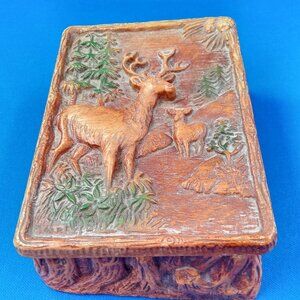 Vintage Syroco lidded box with deer in the woods design